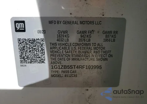 2024 Chevrolet Malibu Ls z USA, uszkodzony, nr VIN 1G1ZB5ST4RF103995